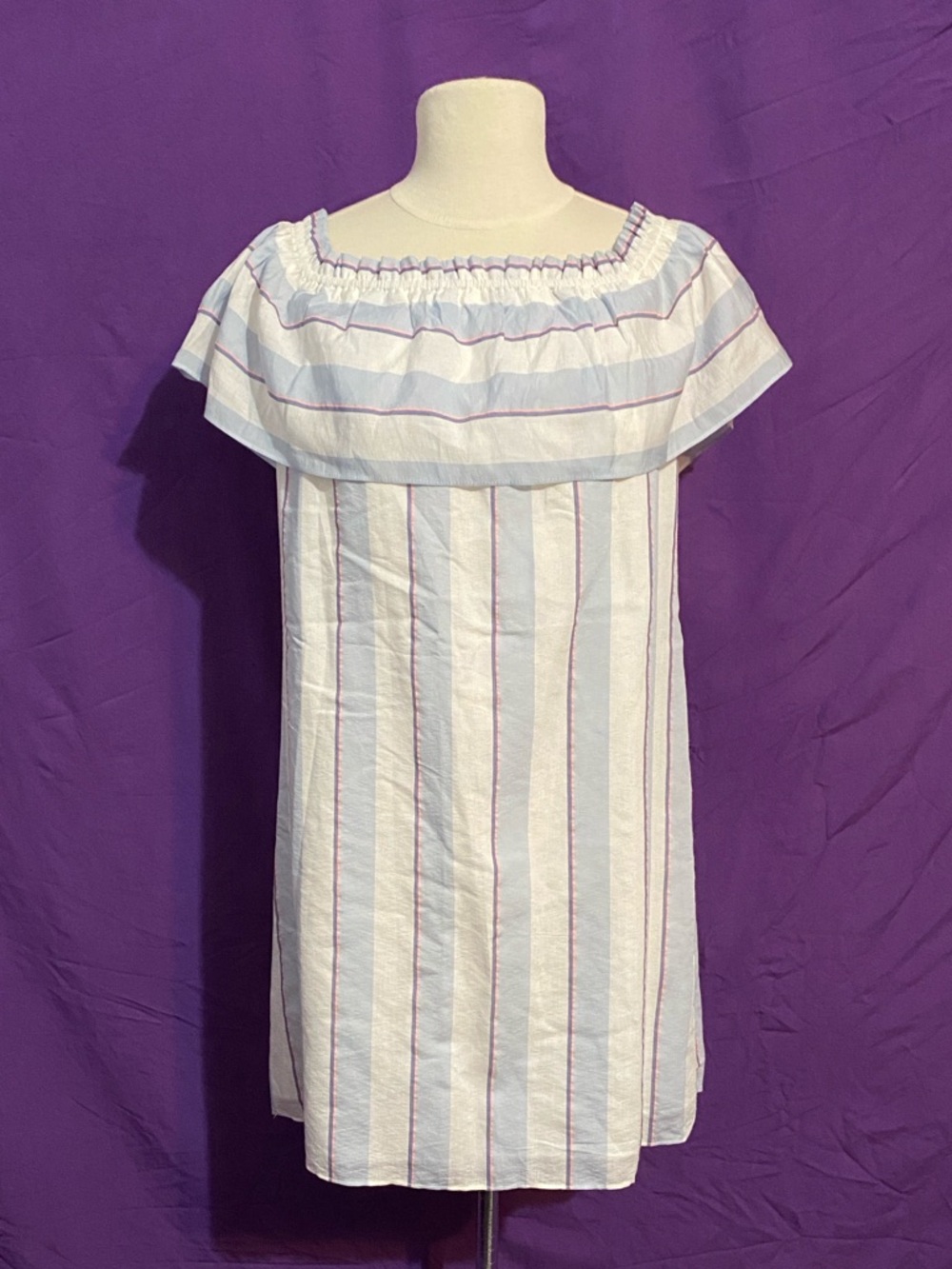 Parker White Off-the-Shoulder Dress with Blue and Pink Stripes. Size M.